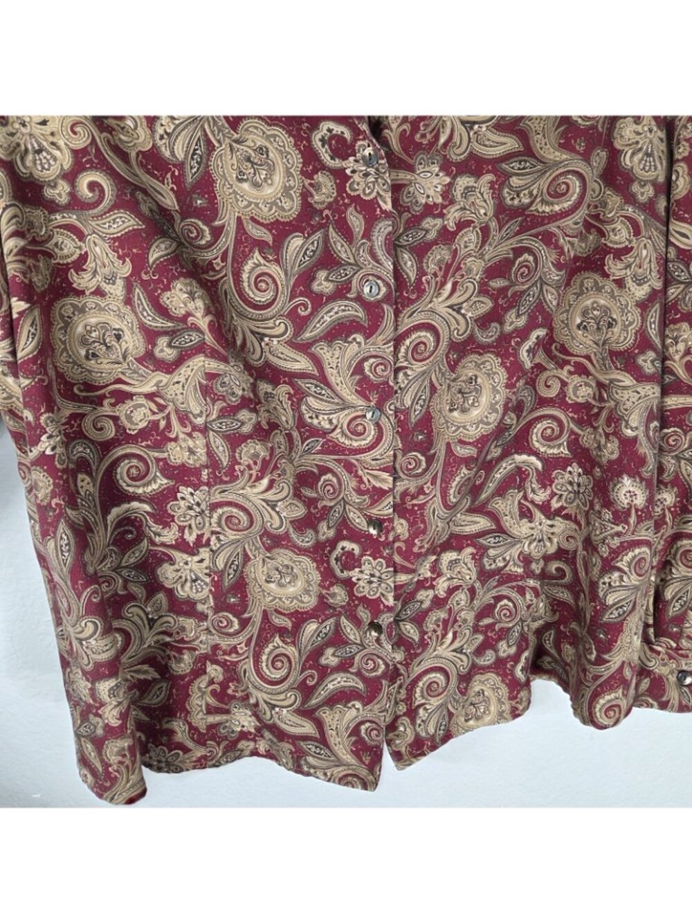 Vintage Talbots 18W Silk Wool Button Down Shirt 90s Pasley Burgundy Tan - Picture 7 of 16